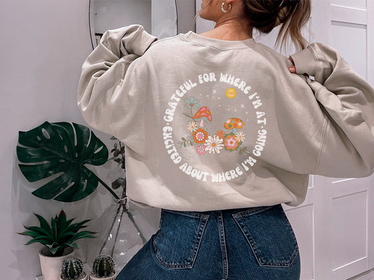 Magical Mushroom | Retro Trippy Hippie Aesthetic Sweatshirt | Positive Vibes Message Inspirational Quote Pullover | Trendy Gratitude Graphic Crewneck